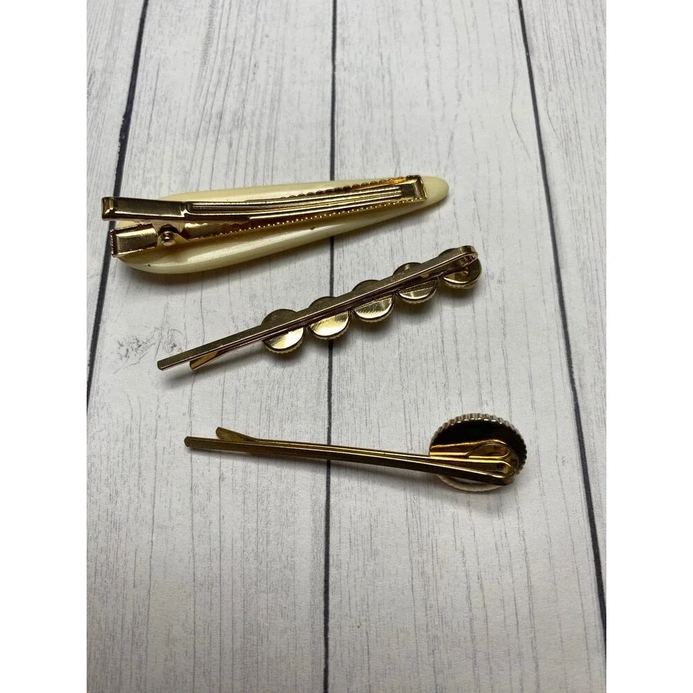 Iris Fashion Jewelry Hair Clip Set Pearl Beige Gold Tone Bobby Pins